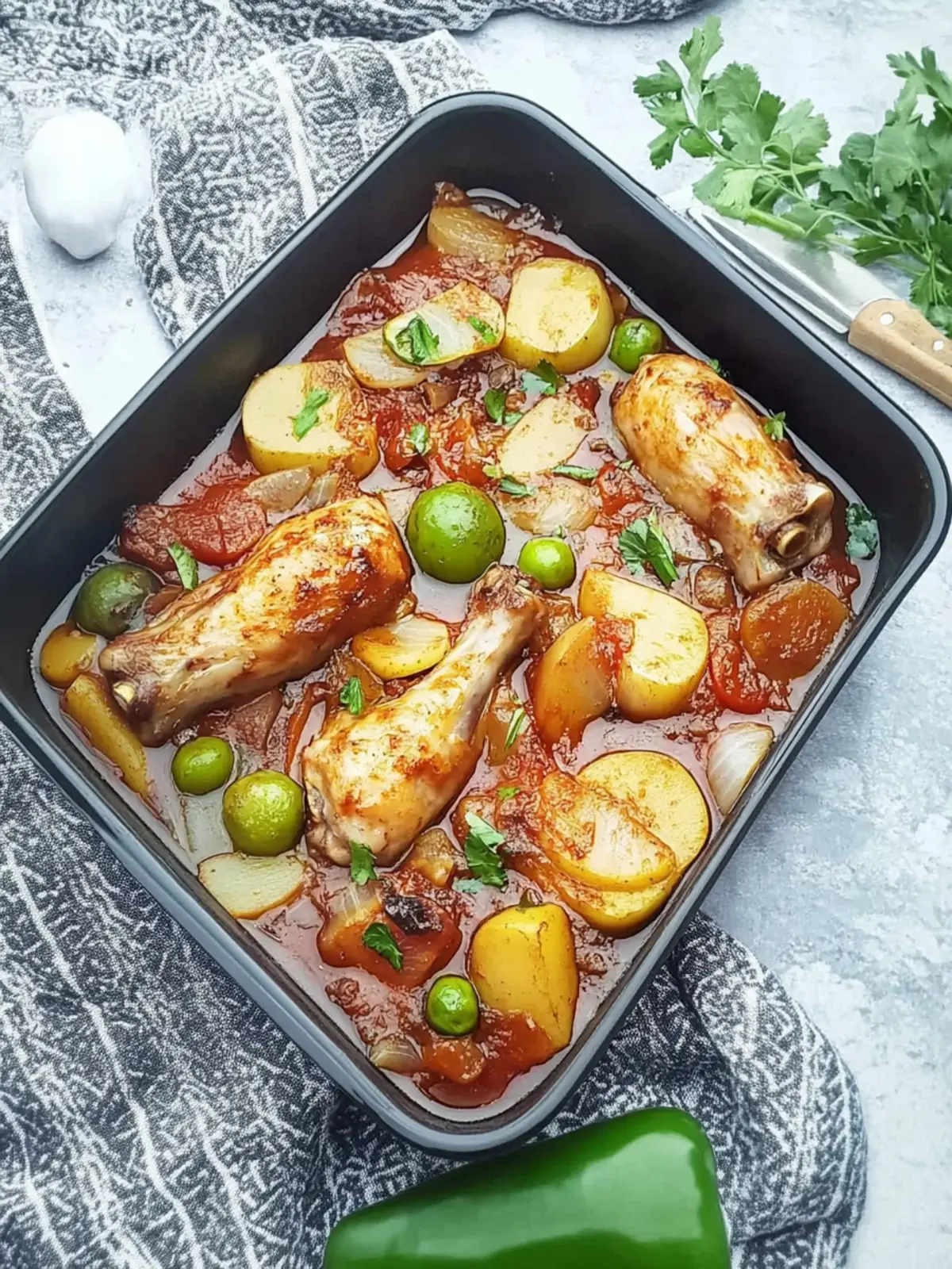Hähnchen mit Kartoffel-Gemüse in Tomatensoße