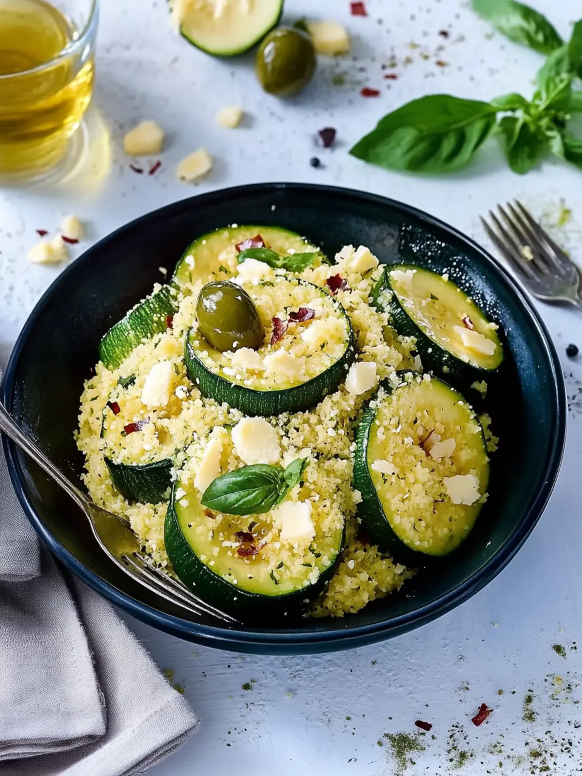 Runde Zucchini mit Couscous-Schafskäsefüllung und Oliven