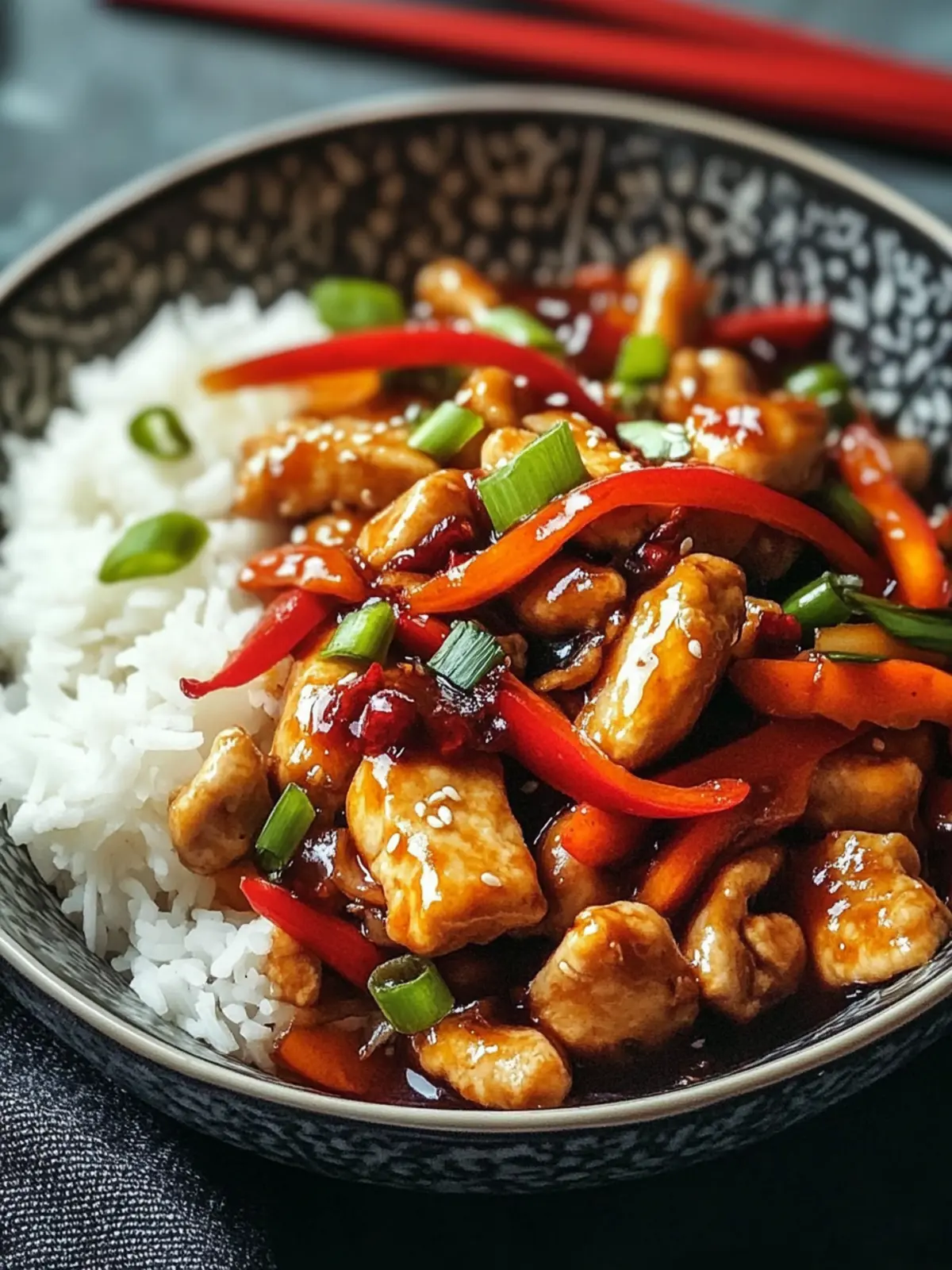 Chinesische Hähnchenpfanne mit Reis