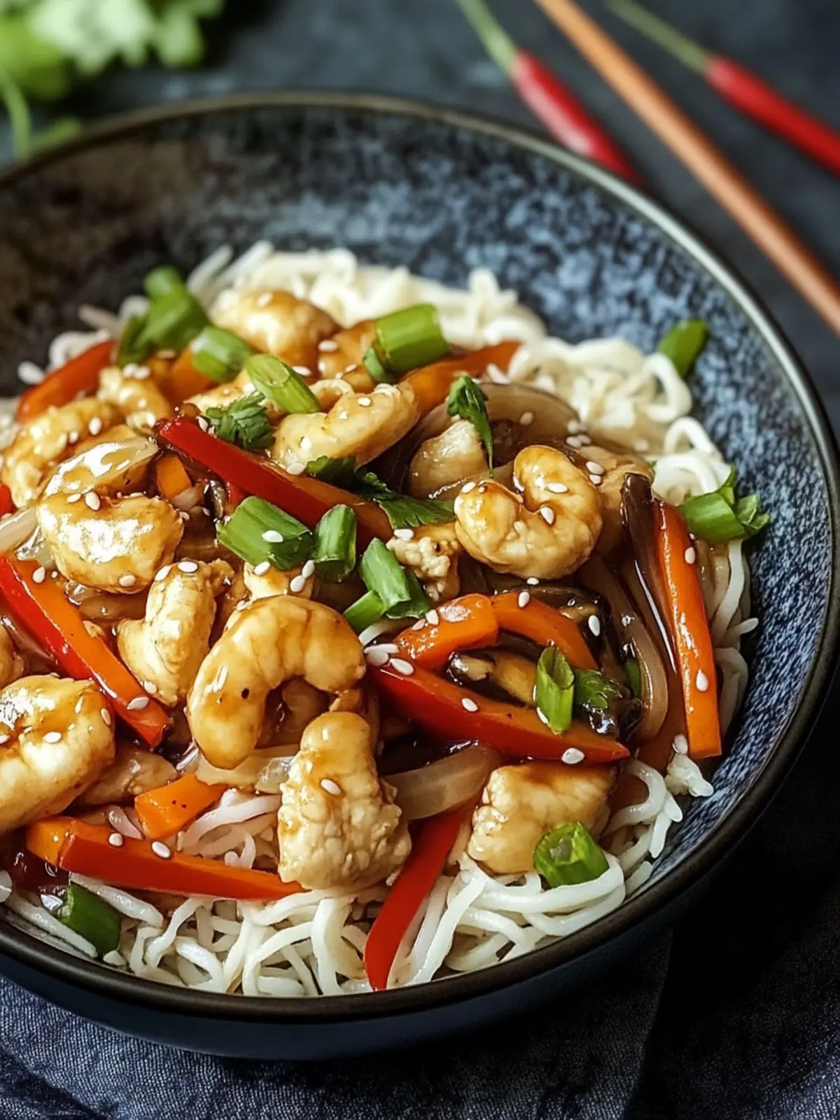 Chinesische Hähnchenpfanne mit Reis