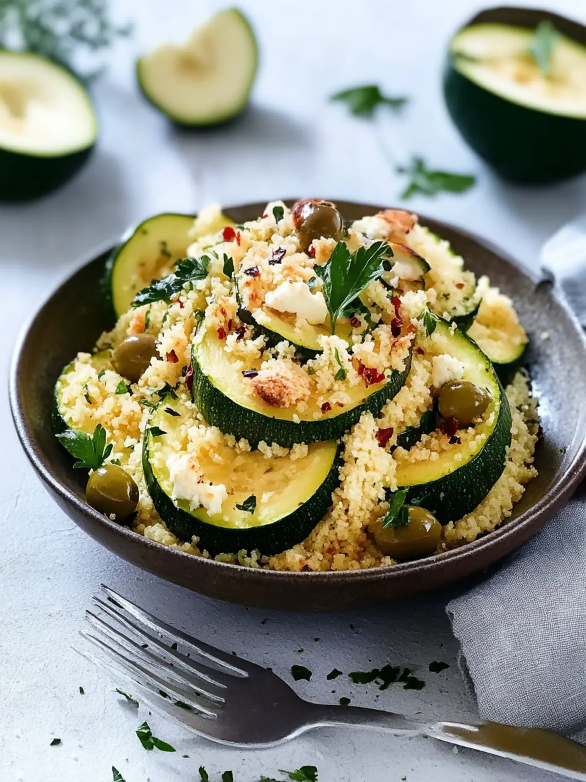 Runde Zucchini mit Couscous-Schafskäsefüllung und Oliven