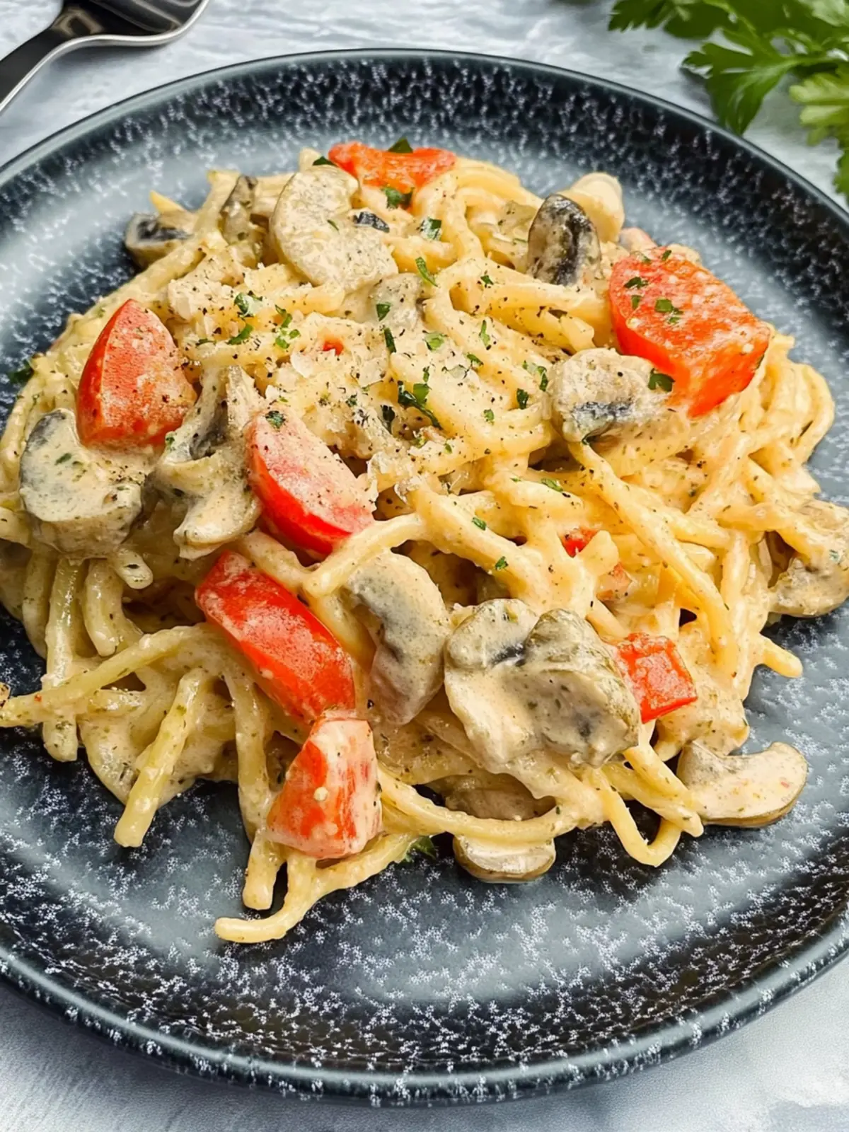 Paprika Spätzle mit Champignons