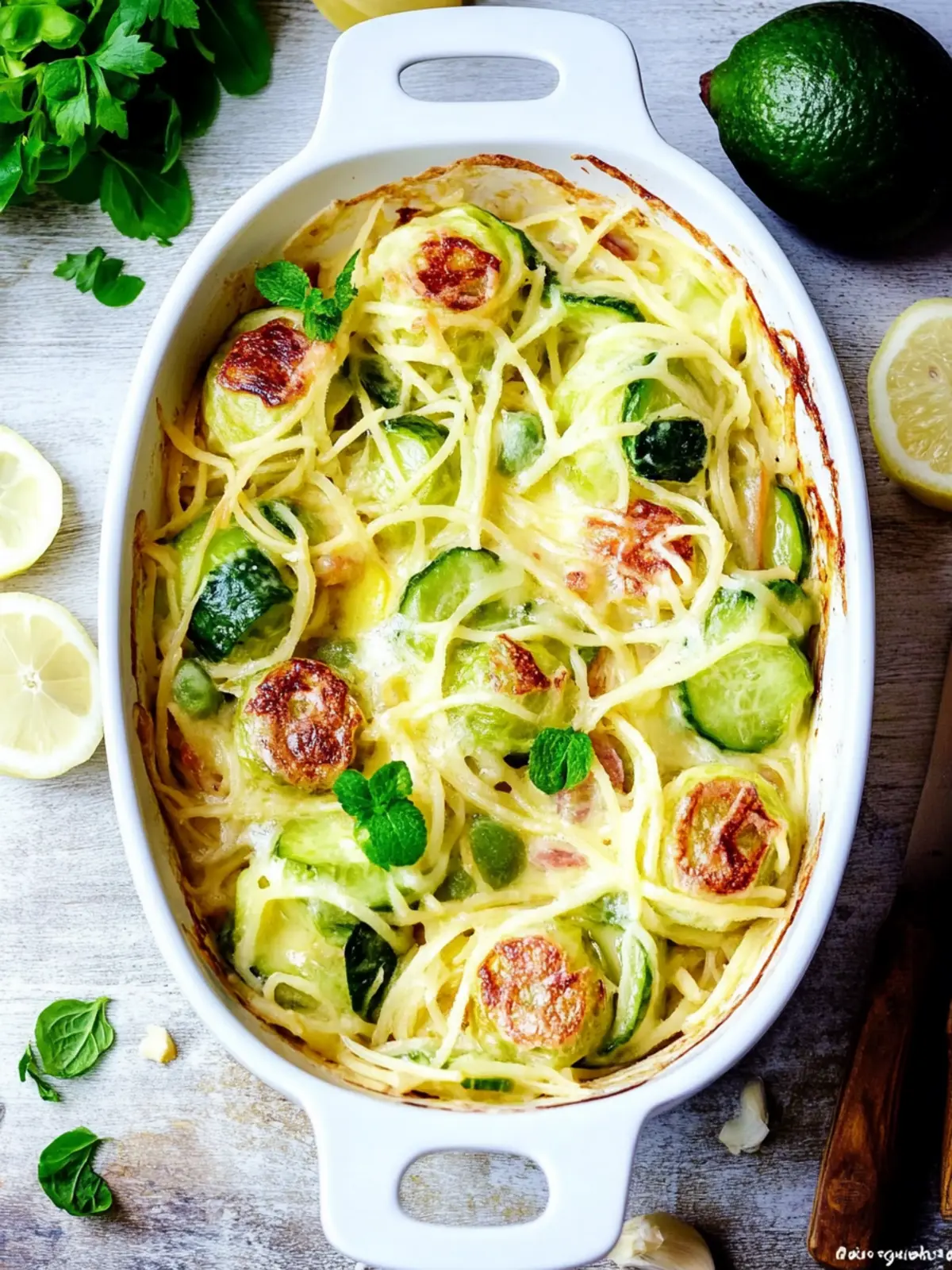 Spaetzleauflauf mit Rosenkohl und Kasseler