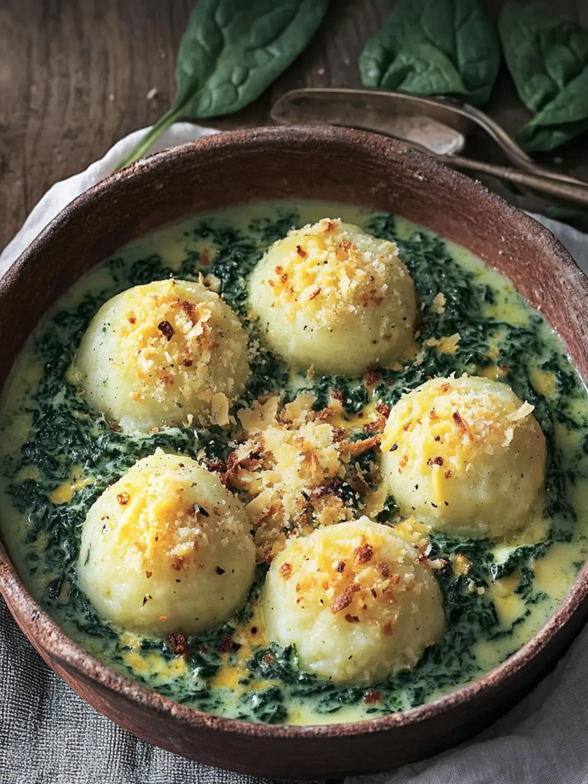 Potato dumplings with spinach-cheese sauce