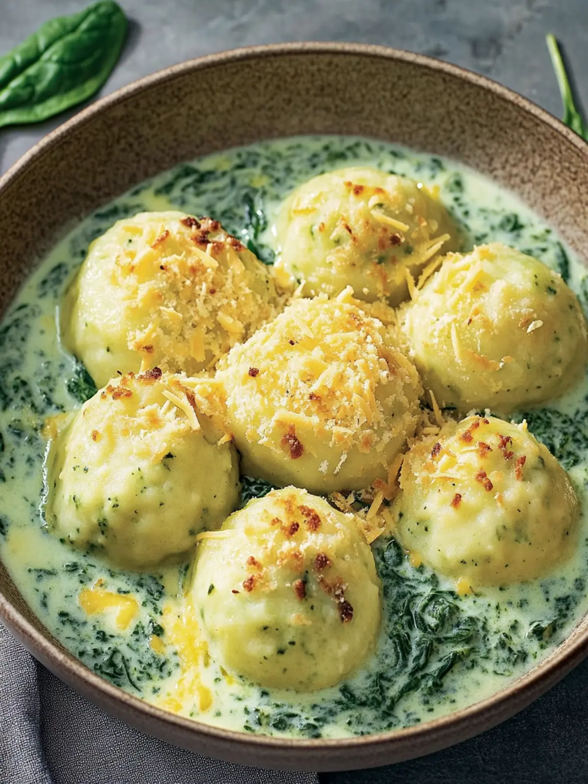 Potato dumplings with spinach-cheese sauce