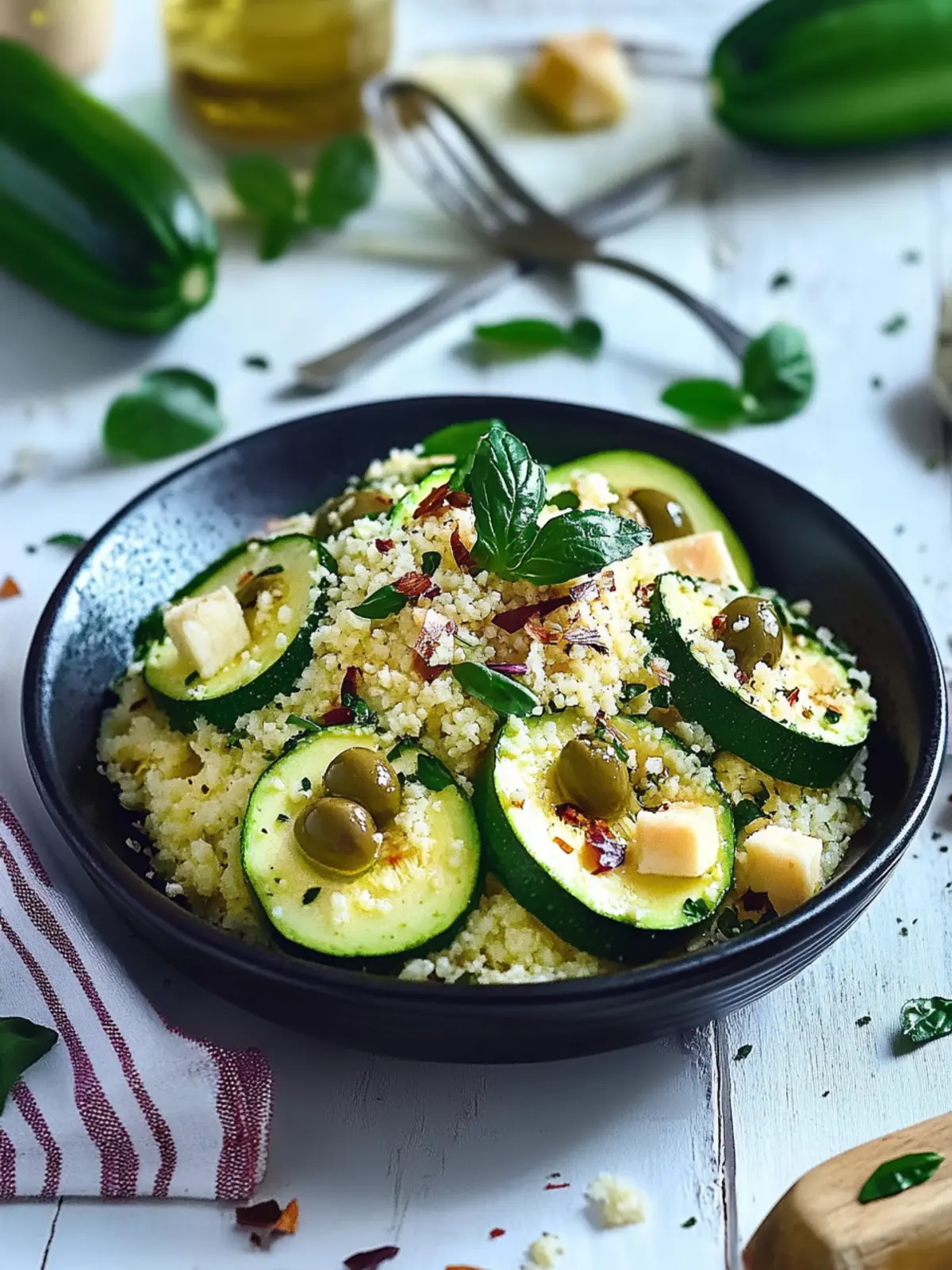 Runde Zucchini mit Couscous-Schafskäsefüllung und Oliven