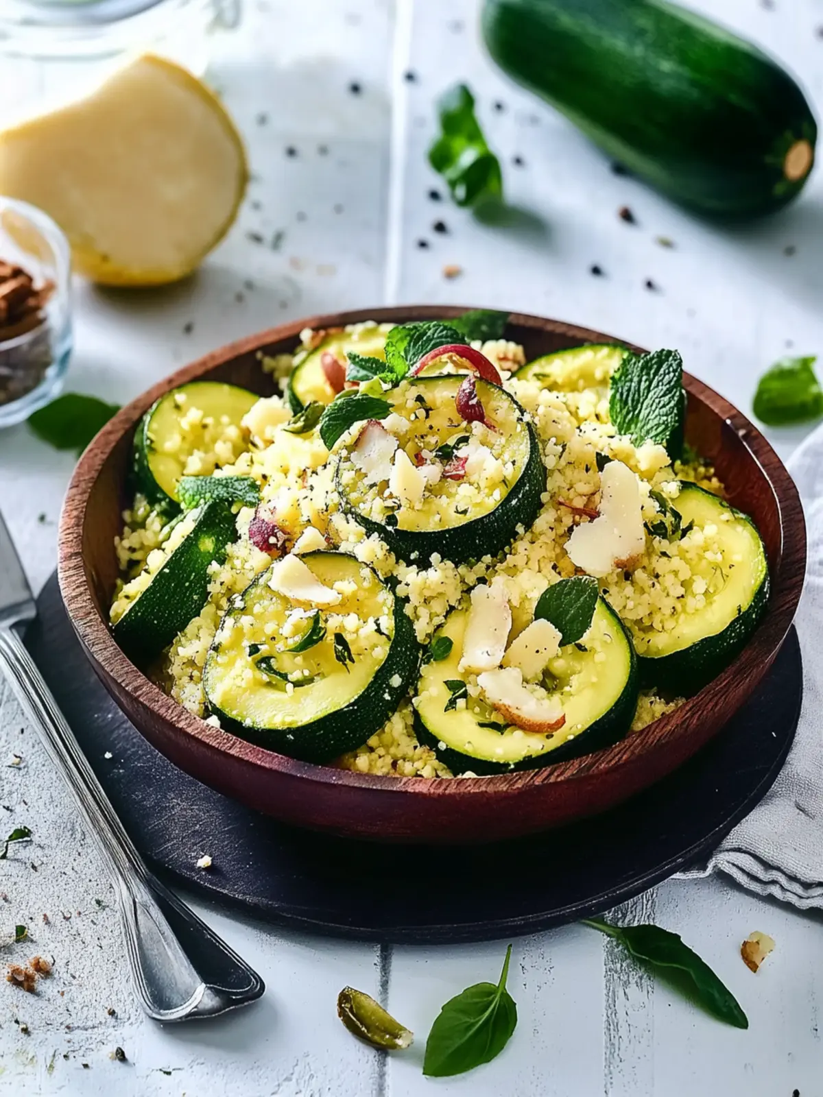 Runde Zucchini mit Couscous-Schafskäsefüllung und Oliven