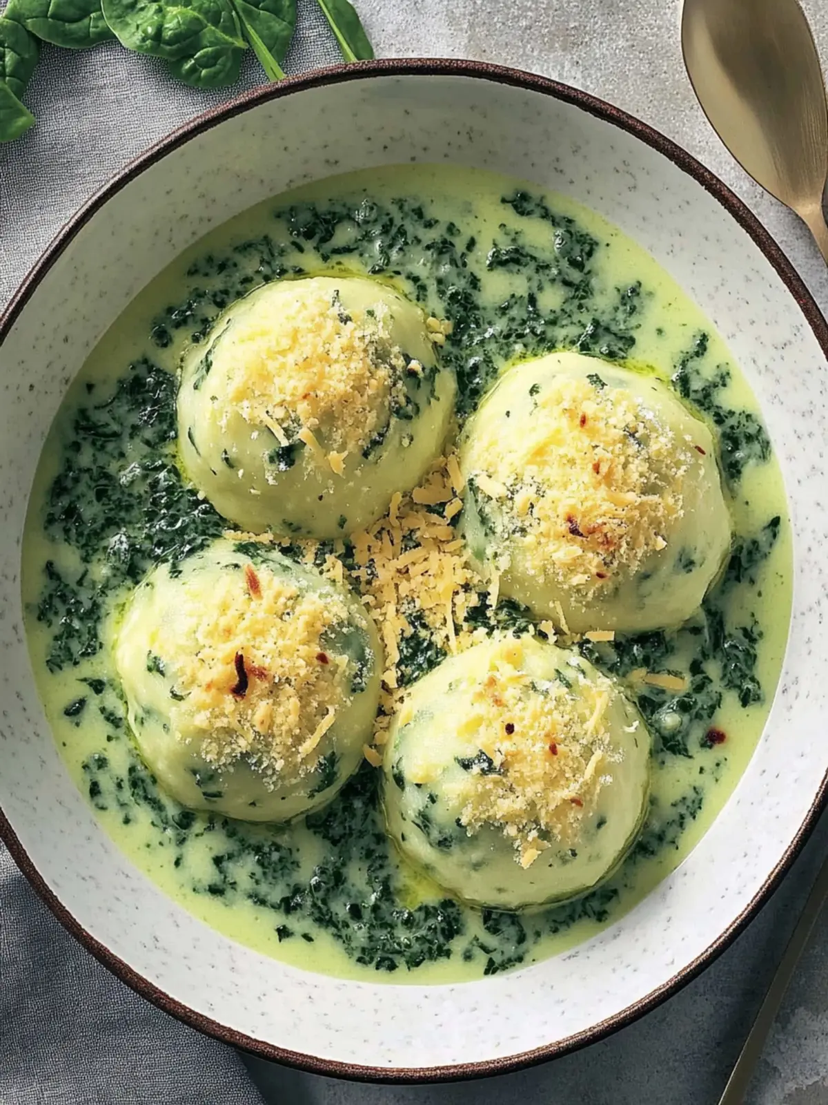 Potato dumplings with spinach-cheese sauce