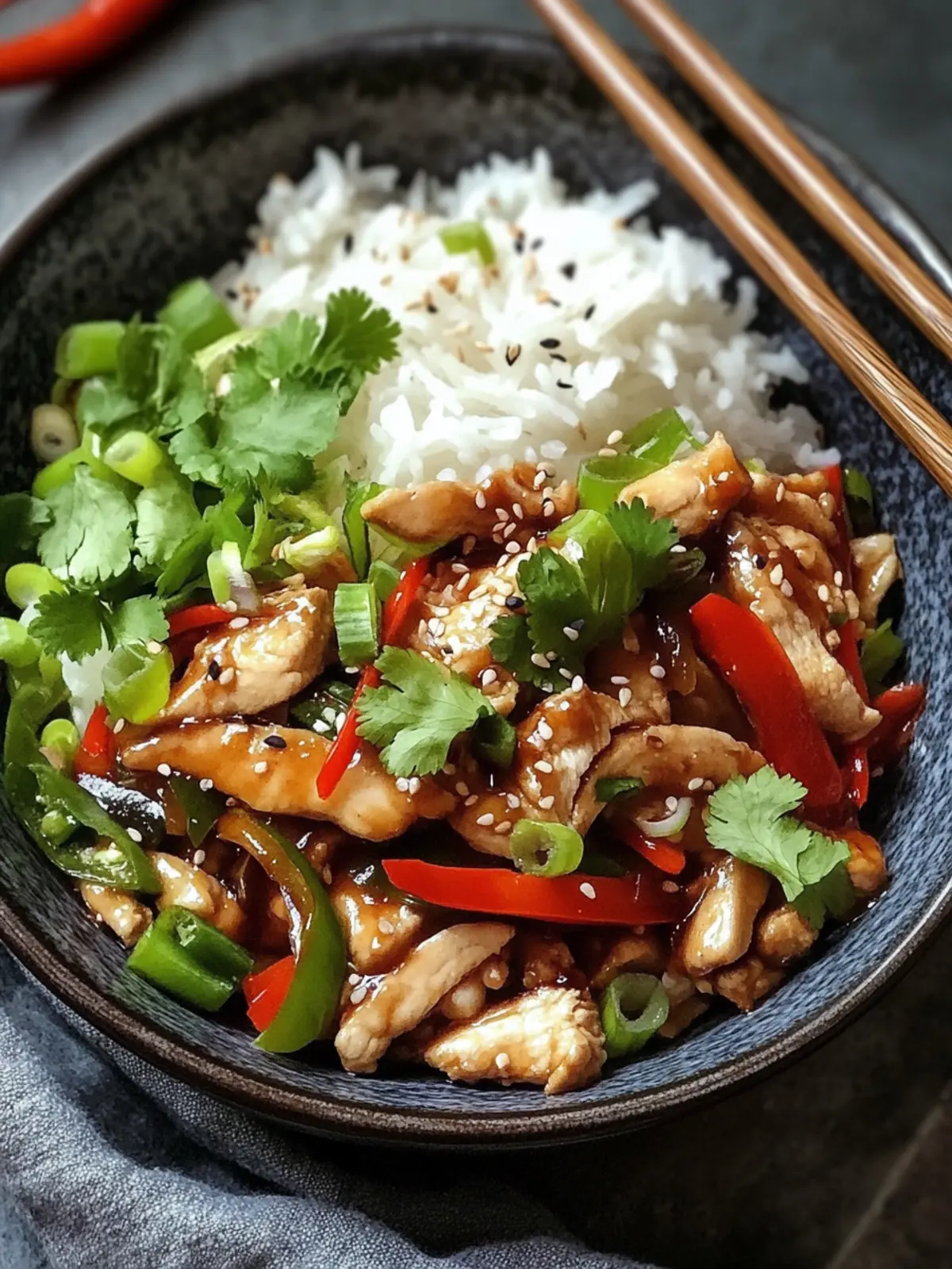 Chinesische Hähnchenpfanne mit Reis