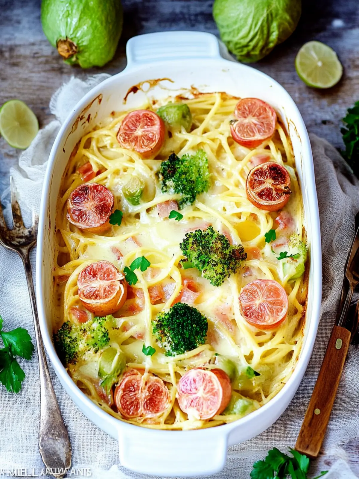 Spaetzleauflauf mit Rosenkohl und Kasseler