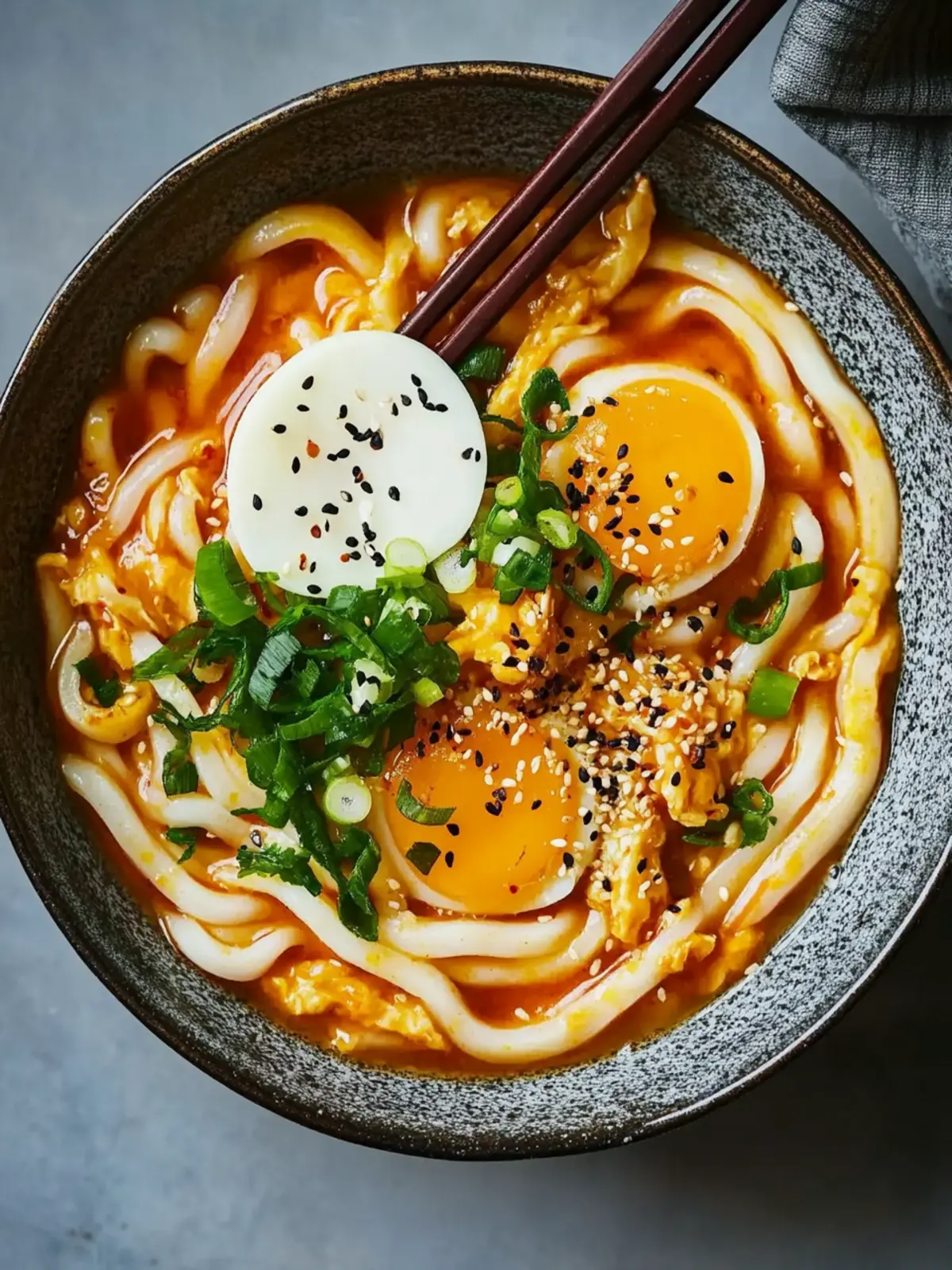 Kimchi Udon mit Frühlingszwiebeln