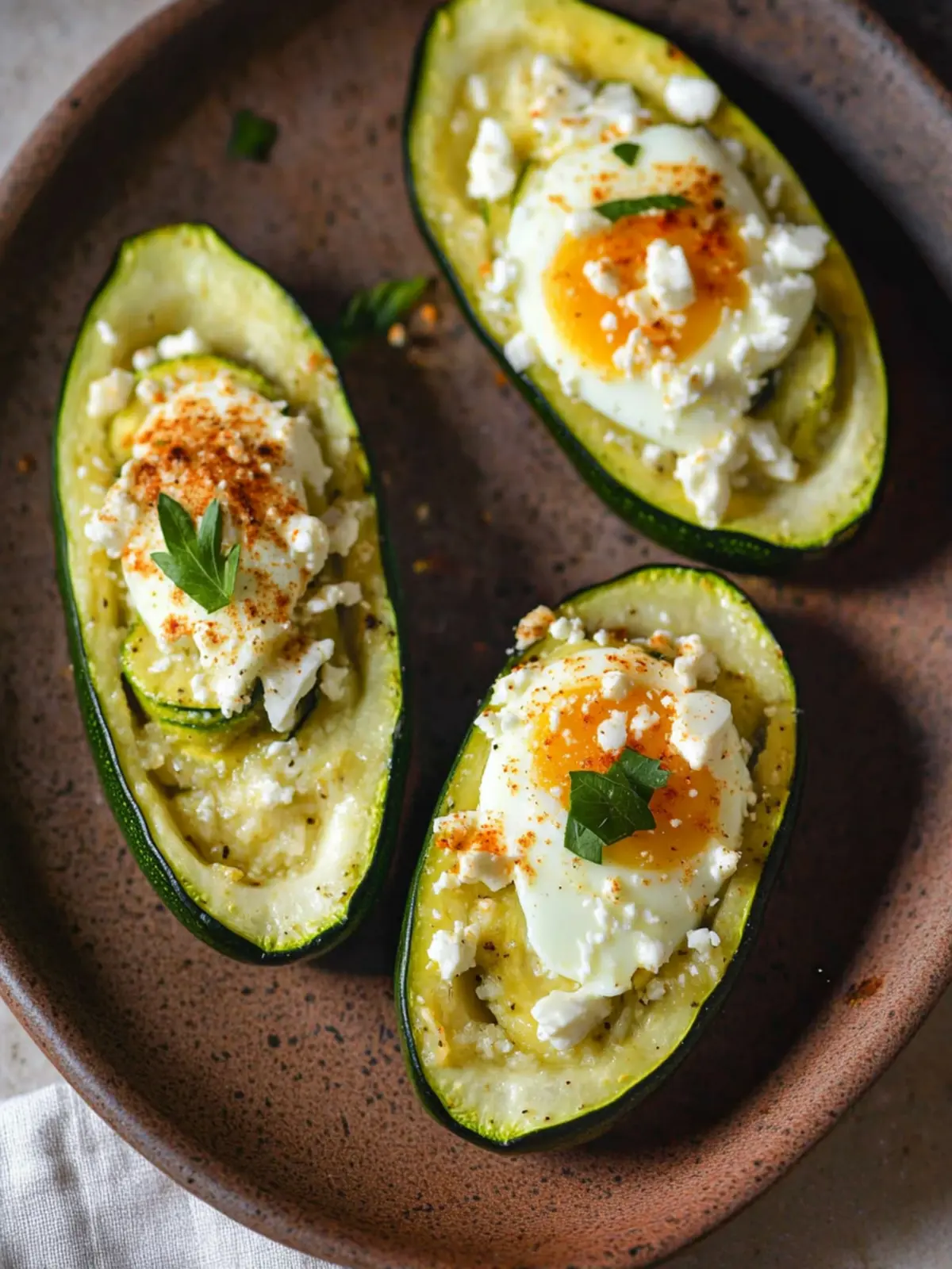 Stuffed zucchinis with feta and egg