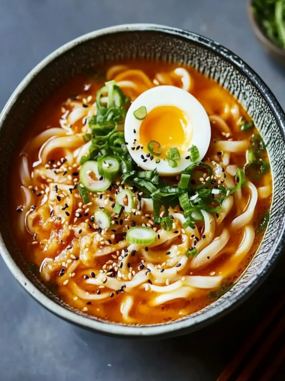 Kimchi Udon mit Frühlingszwiebeln