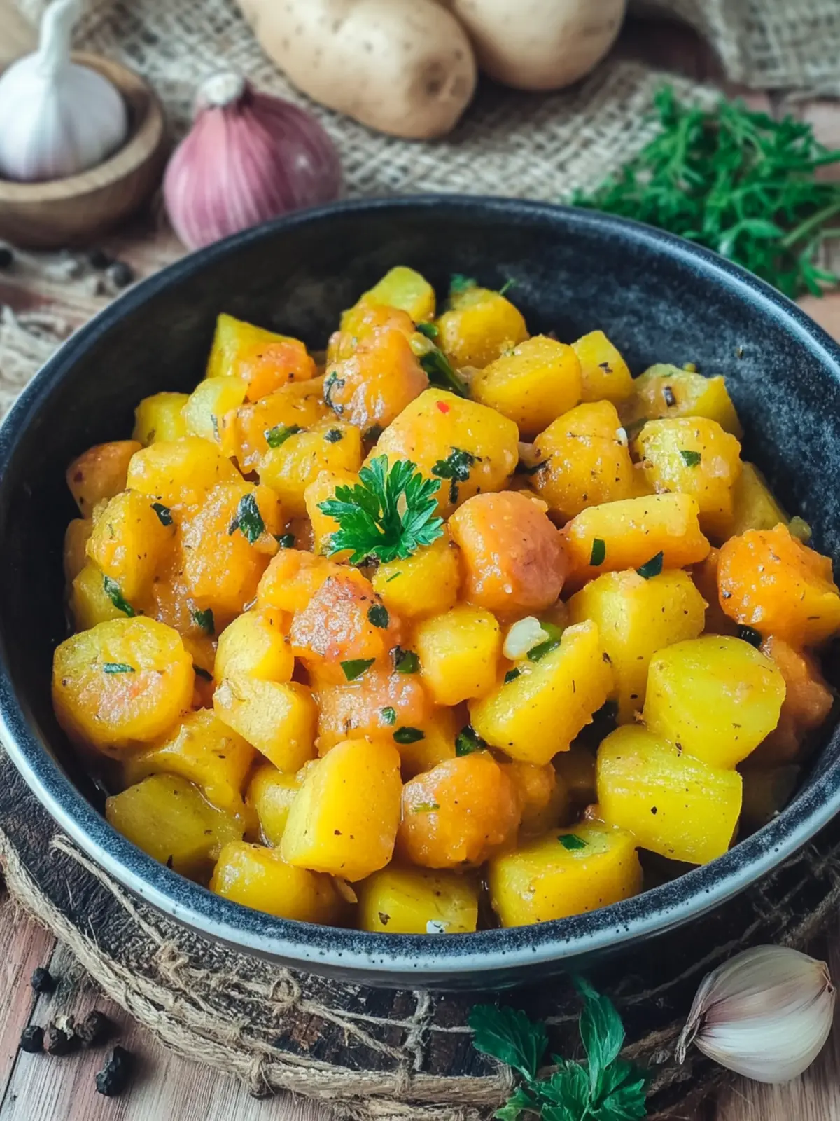 Schneller Eintopf mit Kartoffeln, Kürbis und Würstchen