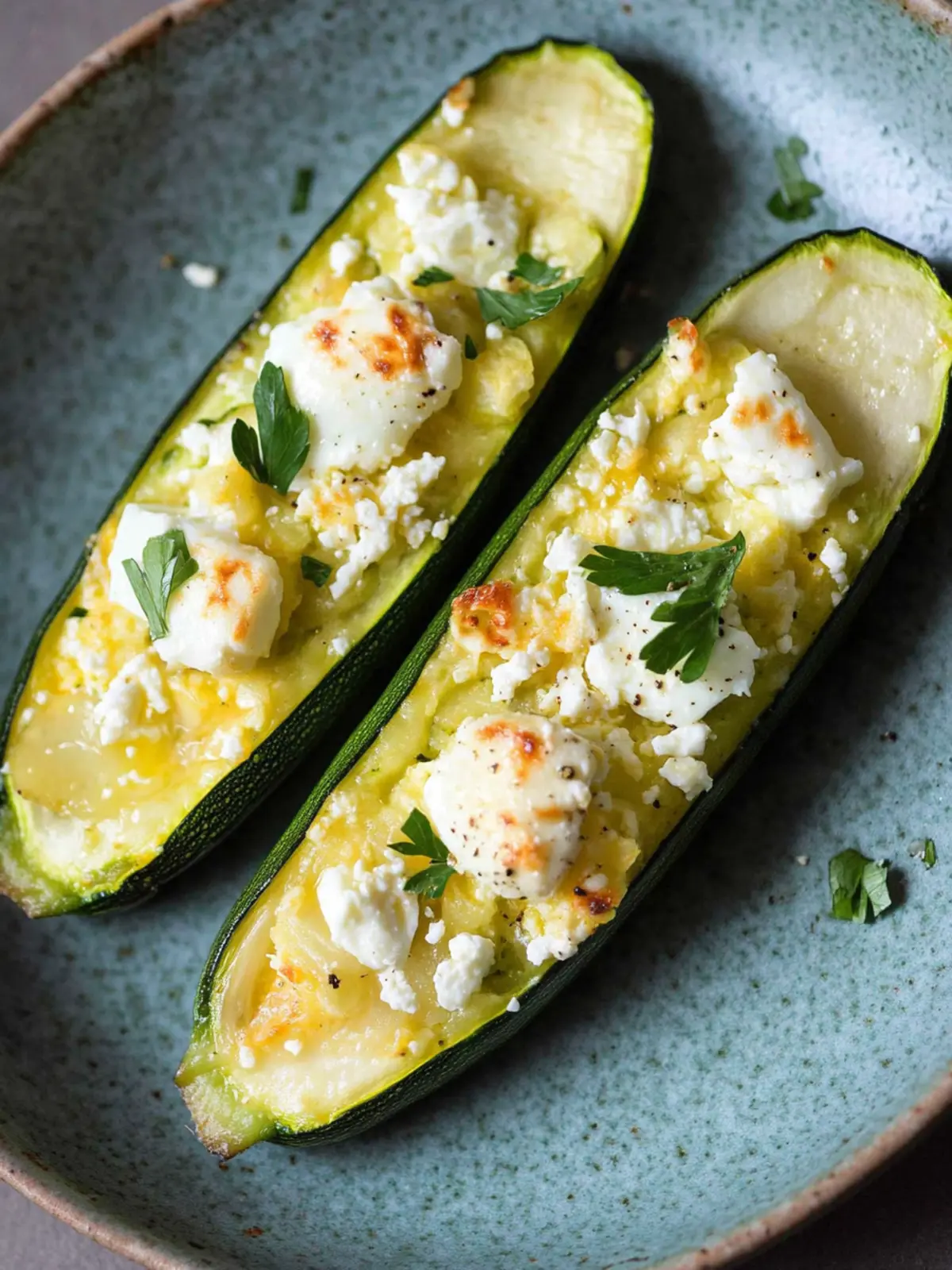 Stuffed zucchinis with feta and egg