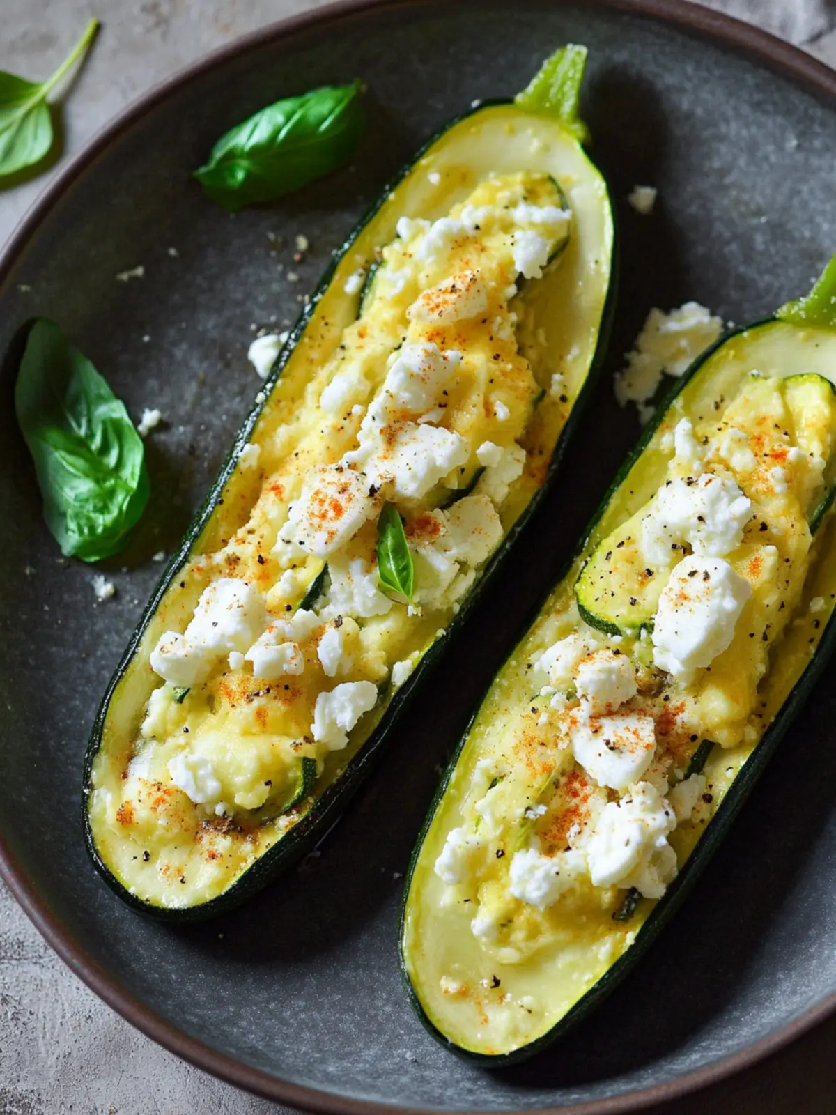 Stuffed zucchinis with feta and egg