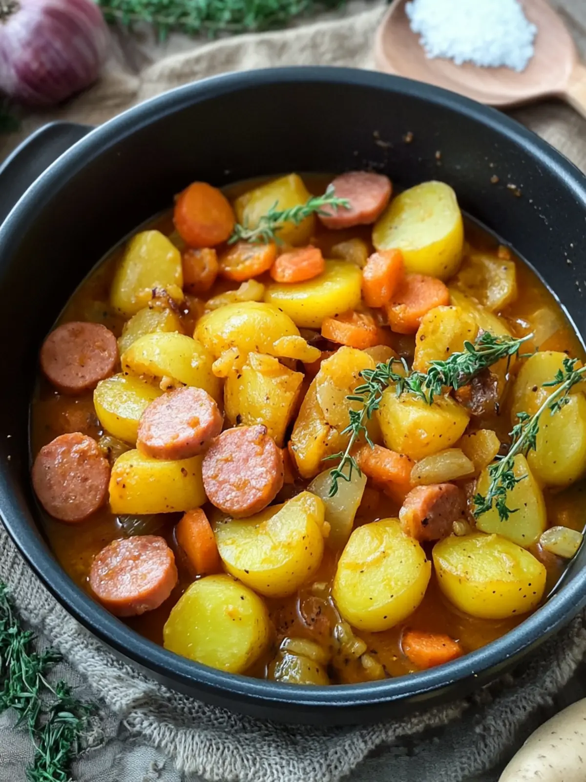 Schneller Eintopf mit Kartoffeln, Kürbis und Würstchen