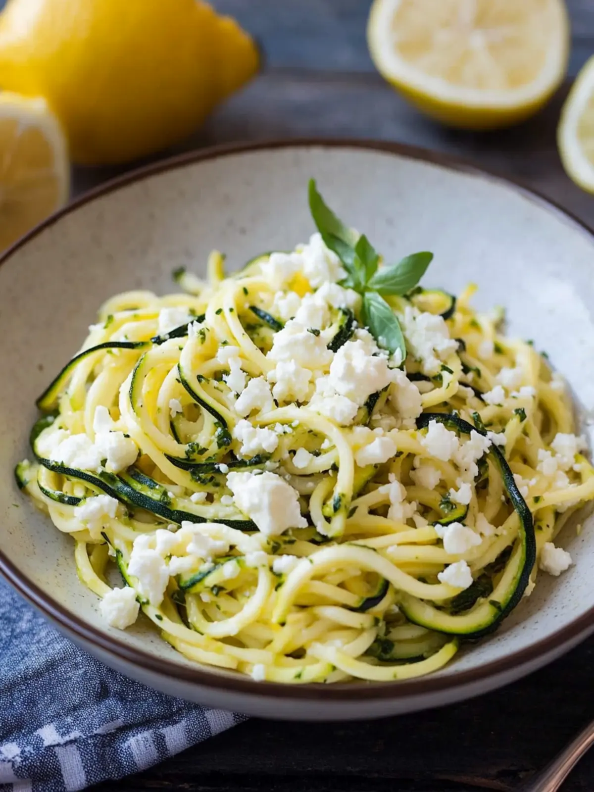 Low Carb Zucchini-Spaghetti mit Zitrone und Feta