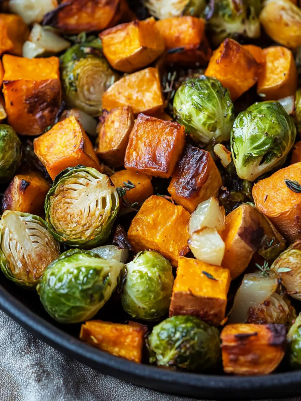 Crispy roasted Brussels sprouts and sweet potato from the oven