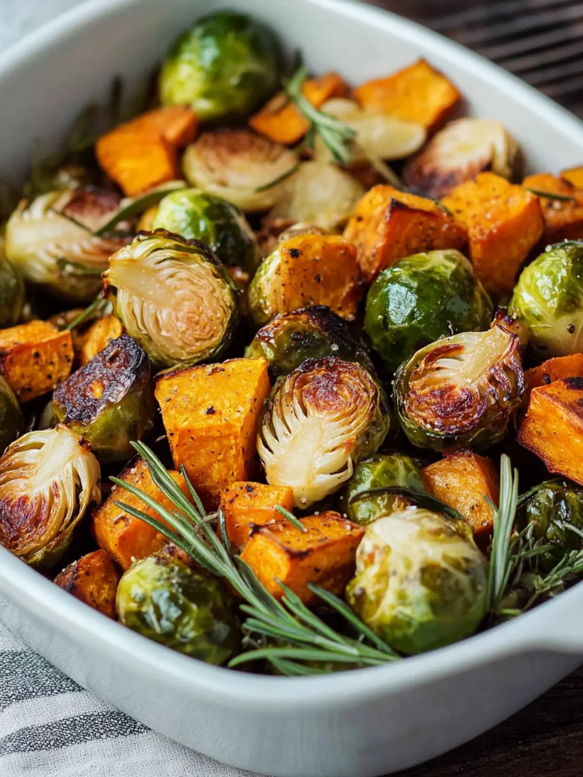 Crispy roasted Brussels sprouts and sweet potato from the oven