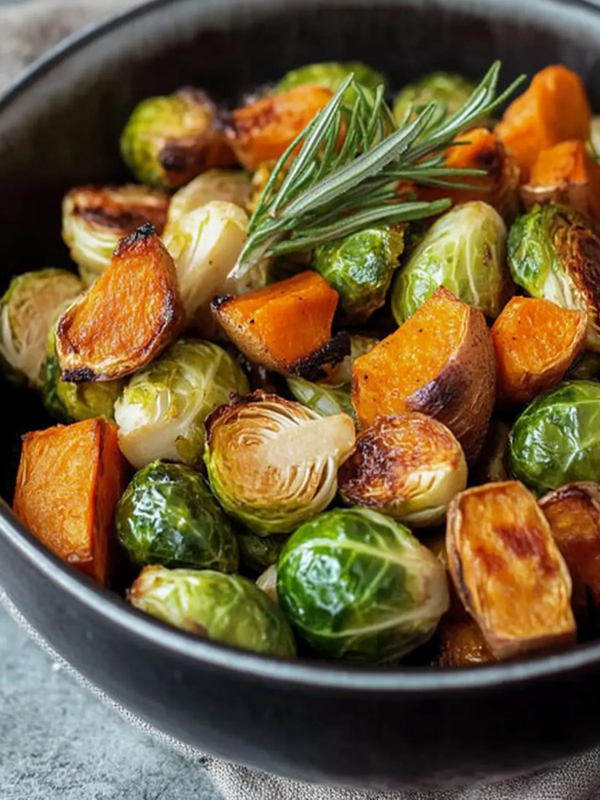 Crispy roasted Brussels sprouts and sweet potato from the oven