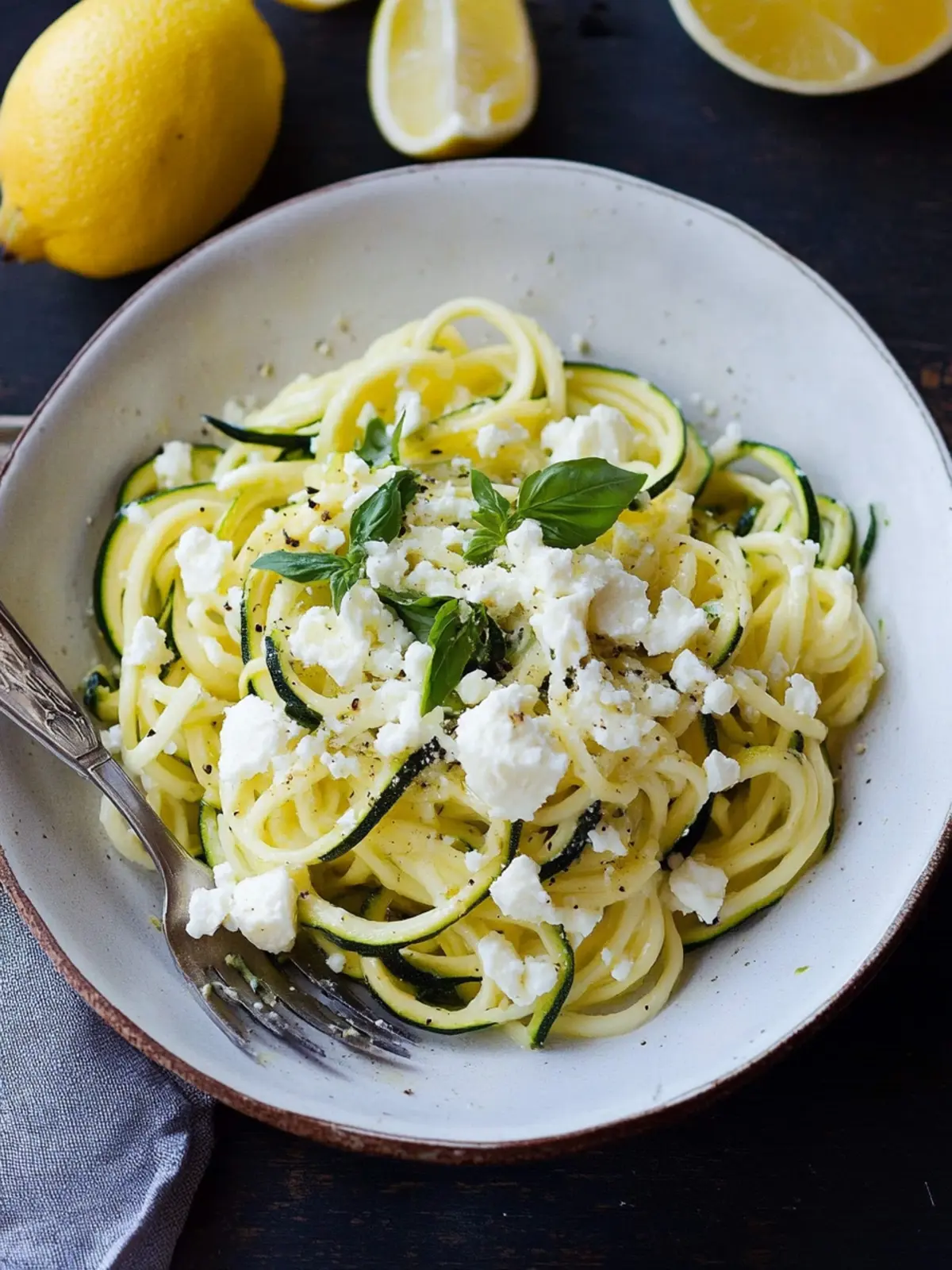 Low Carb Zucchini-Spaghetti mit Zitrone und Feta